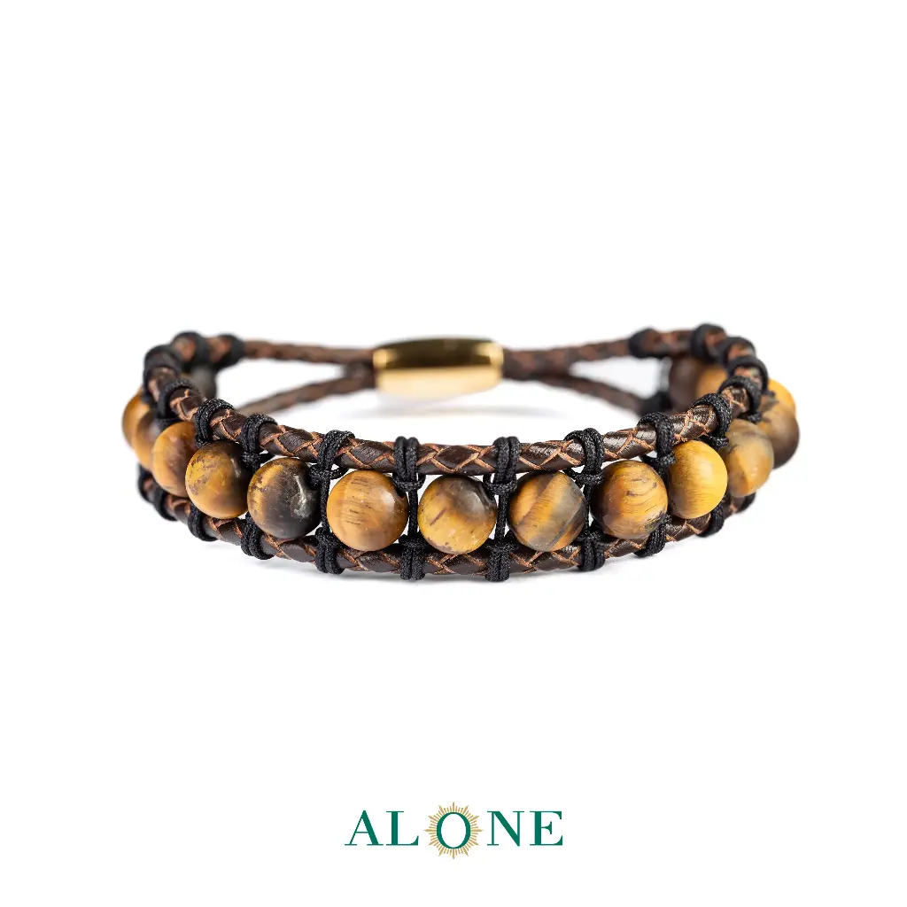Mixed  Wooden/ Coloured/ Honey Tiger Eye Bracelet with Brown Leather 